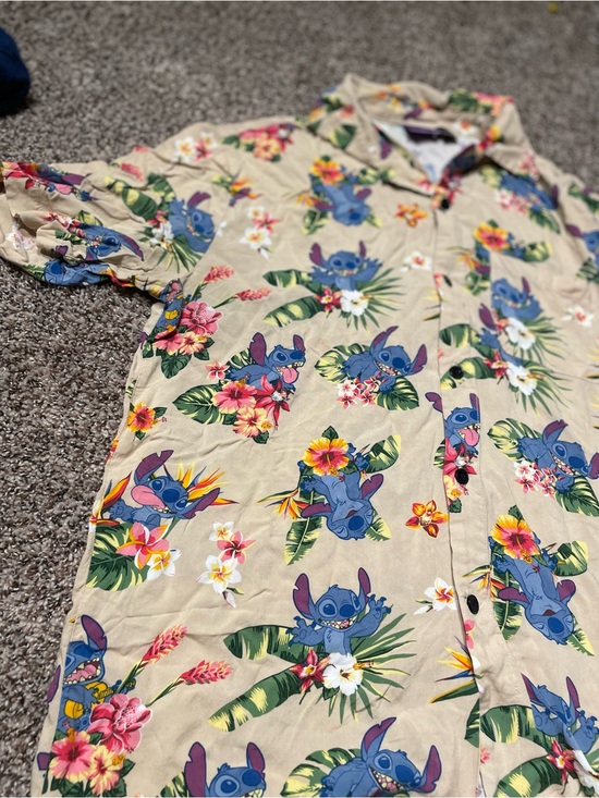 Disney Other - Disney Beige Hawaiian Button-Down Shirt with Blue Stitch Print